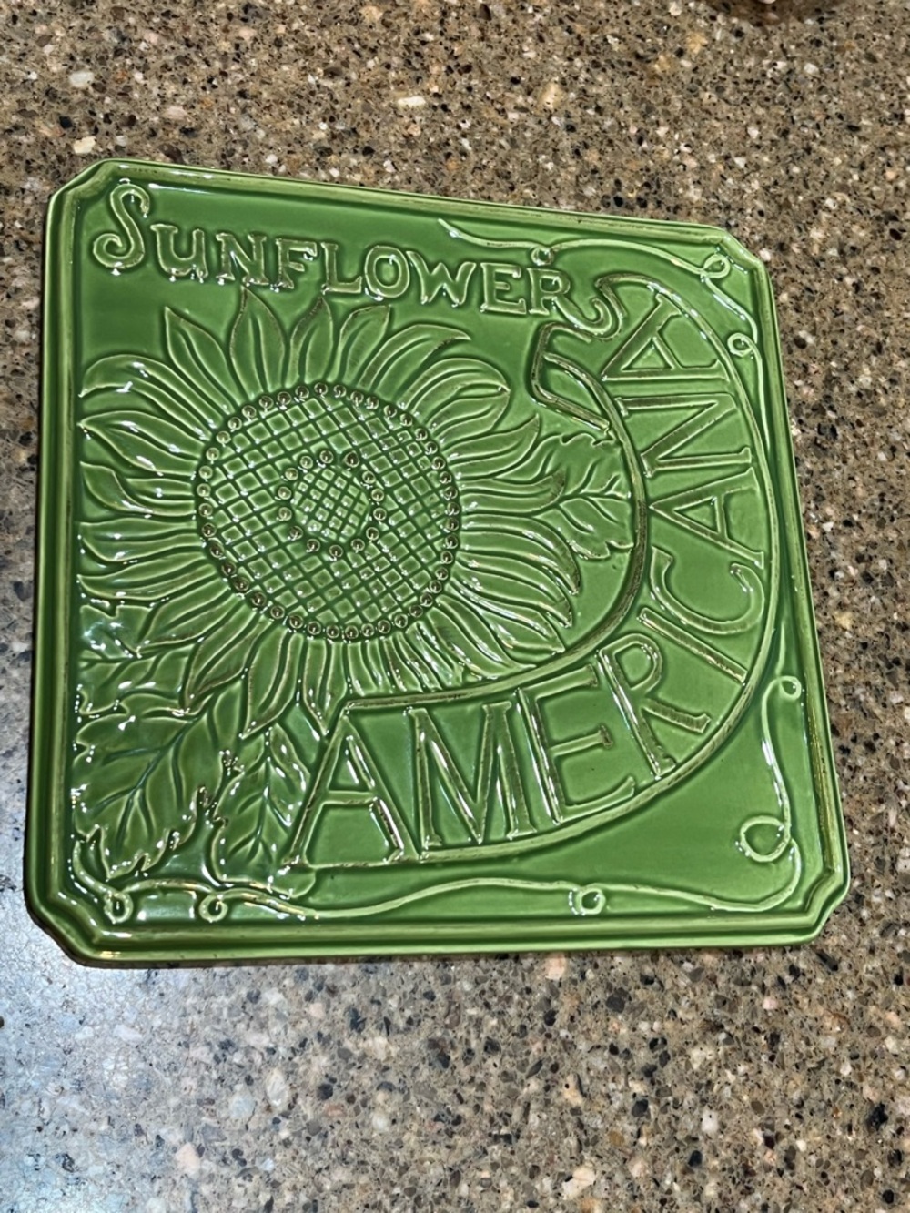 Ceramic Green Square Trivet 8x8 with Sunflower Americana Stamped Nantucket